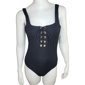 New‎ Rue21 Lace Front Ribbed Black Solid One Piece Swimsuit Womens Small Padded
